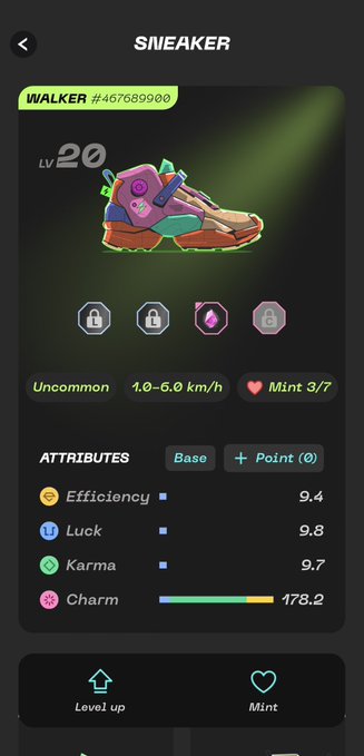 A mobile game interface displays a "SNEAKER" NFT profile titled "WALKER #467689900" at Level 20, classified as Uncommon with a 1.0-6.0 km/h speed range and Mint 3/7 status. The character wears colorful Charm-themed sneakers with stats showing Efficiency 9.4, Luck 9.8, Karma 9.7, and Charm 178.2, with a purple gem socket ready to receive a Level 3 gem, matching the post about reaching Lv20 and equipping a Charm shoe.