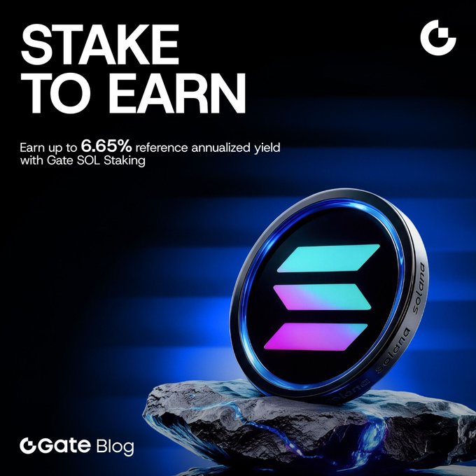 A sleek promotional graphic featuring a metallic Solana (SOL) coin with its purple-and-blue logo resting on a glowing blue rock, advertising Gate SOL Staking with bold "STAKE TO EARN" text and a highlighted 6.65% reference annualized yield, reinforcing the post's message about earning passive rewards on $SOL holdings without validator management.