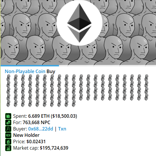 A screenshot showing the Ethereum logo over a pattern of NPC meme faces, with a 'Non-Playable Coin Buy' summary listing 6,689 ETH ($18,500.03) spent for 763,668 NPC by '0x68...22dd', with a price of $0.02431 and market cap of $195,724,639.