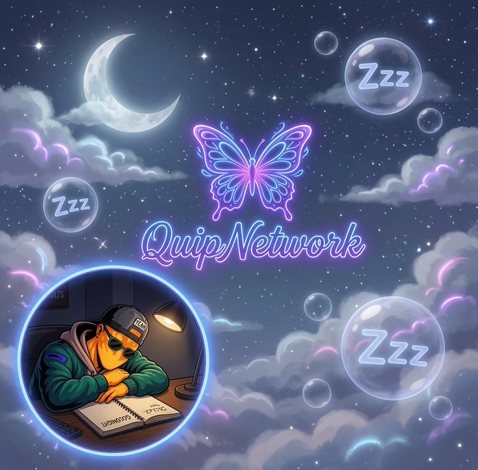 A neon-style digital artwork titled 'Quip Network' featuring a glowing butterfly, a crescent moon, stars, and bubbles containing 'Zzz,' with a cartoon character studying a 'Deocument' in the lower left.