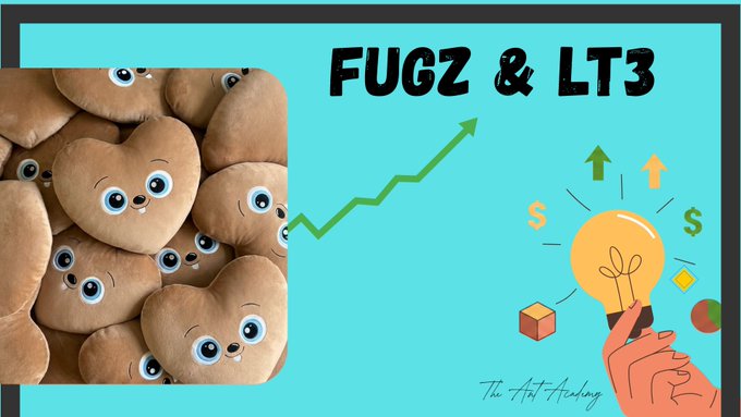 A graphic with the text 'FUGZ & LT3' featuring a green upward arrow, a pile of plush potato toys, and an illustration of a hand holding a lightbulb with dollar signs.