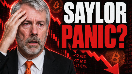 A sensationalist YouTube thumbnail featuring Michael Saylor looking stressed with his hand on his head, accompanied by bold red text reading 'SAYLOR PANIC?' and a red downward stock chart arrow.