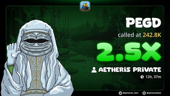 A promotional graphic for "PEGD" token, called at 242.8K with 2.5x multiplier on Aetheris Private, featuring a cartoon character in white robes and metallic face mask against a dark jungle background, from @phanes.bot.