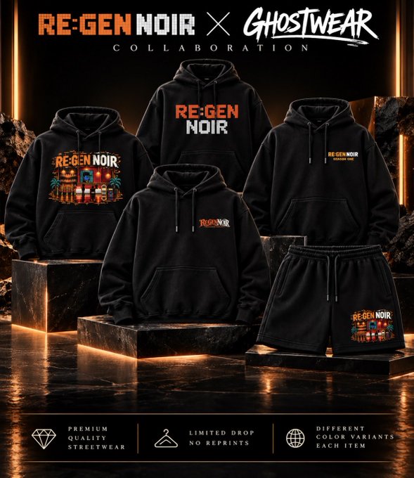 A promotional image for a 'RE-GEN NOIR X GHOSTWEAR COLLABORATION' featuring black hoodies and shorts displayed on dark stone pedestals, with text noting 'PREMIUM QUALITY STREETWEAR', 'LIMITED DROP NO REPRINTS', and 'DIFFERENT COLOR VARIANTS EACH ITEM'.