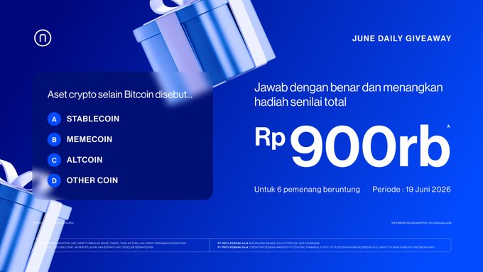 The image features a poster for a daily giveaway that has been posted on social media. The poster displays an advertisement for a Bitcoin exchange called Memecoin, with a blue background and white text. It also includes details about the giveaway, such as the date (June 15, June 17, June 18, June 19, and June 20), the prize amount of Rp900,000, and the deadline to enter the contest. The poster encourages people to join by answering a specific question related to Memecoin.