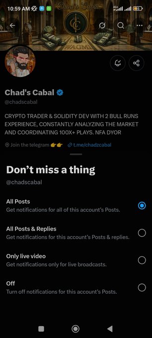 A social media profile page for 'Chad's Cabal' (@chadscabal) with notification settings, described as a 'CRYPTO TRADER & SOLIDITY DEV WITH 2 BULL RUNS EXPERIENCE'.