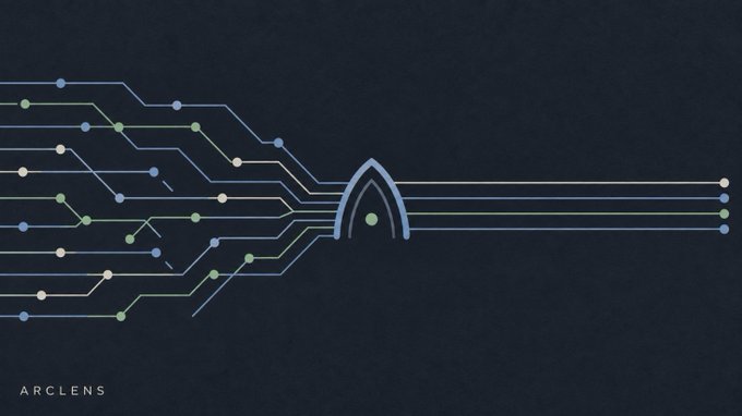 A digital illustration by ARCLENS shows blue circuit-like lines converging through a glowing archway against a dark background.