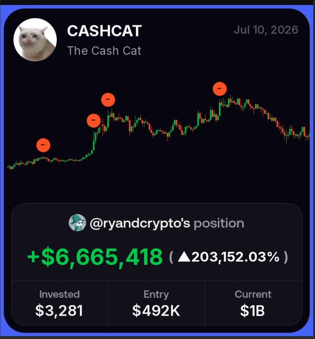 A screenshot from "CASHCAT - The Cash Cat" dated July 10, 2026, showing a price chart with red circle markers highlighting peaks, alongside a position tracker for "@ryandcrypto" displaying a +$6,665,418 gain (203,152.03%) on an entry from $3,281 to a current value of $1B—celebrating cashcat reaching a $1 billion market cap milestone.