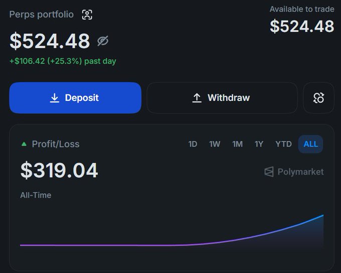 A trading dashboard shows a Perps portfolio with $524.48 available to trade (+$106.42, +25.3% past day) and an all-time Profit/Loss of $319.04 on Polymarket, with an upward-trending graph supporting the poster's claim of hitting $500 after a successful $HYPE long.