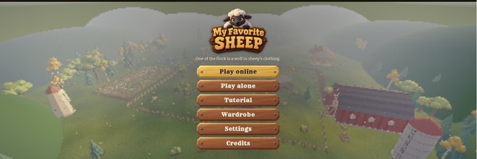 The main menu screen for the video game 'My Favorite Sheep' displays options including Play online, Play alone, Tutorial, Wardrobe, Settings, and Credits against a cartoon farm background.