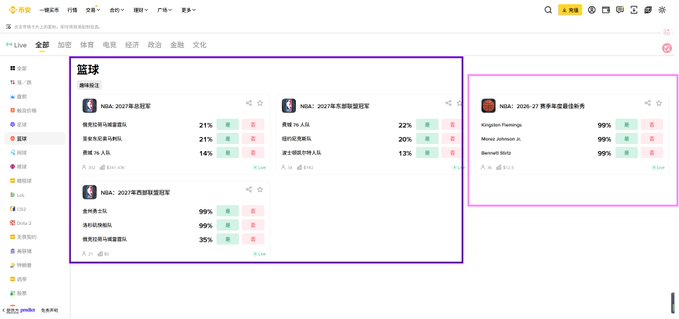 A Yahoo Sports live betting page displaying NBA odds for the 2017 and 2026 championships, featuring teams like the Cavaliers, Warriors, Thunder, and Pacers with associated betting percentages.