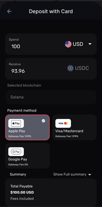 A dark-themed mobile app screen showing 'Deposit with Card' interface, spending 100 USD to receive 93.96 USDC via Apple Pay on the Solana blockchain with a 1.99% gateway fee.