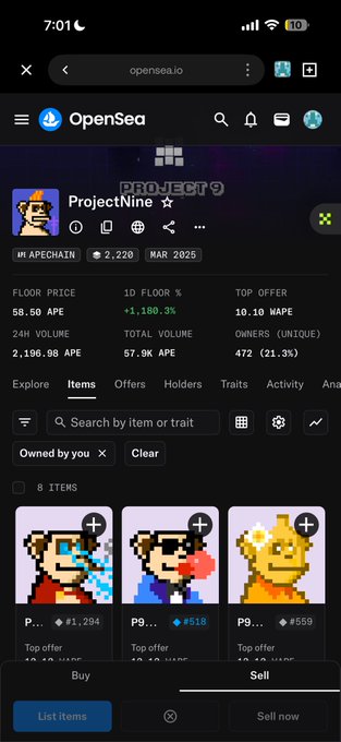 A screenshot of the OpenSea NFT marketplace displaying the "ProjectNine" collection on the ApeChain network, showing 8 items with floor prices in APE tokens (58.50 APE floor, +1,180.3% in 24h). The image supports the post's bullish sentiment by highlighting the dramatic +1,180.3% floor price surge, suggesting renewed momentum for ApeChain's NFT ecosystem.