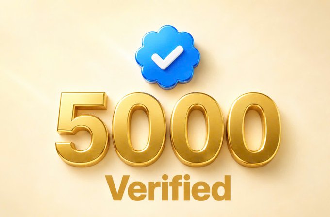 A graphic showing golden 3D text '5000 Verified' below a blue checkmark badge on a cream background.