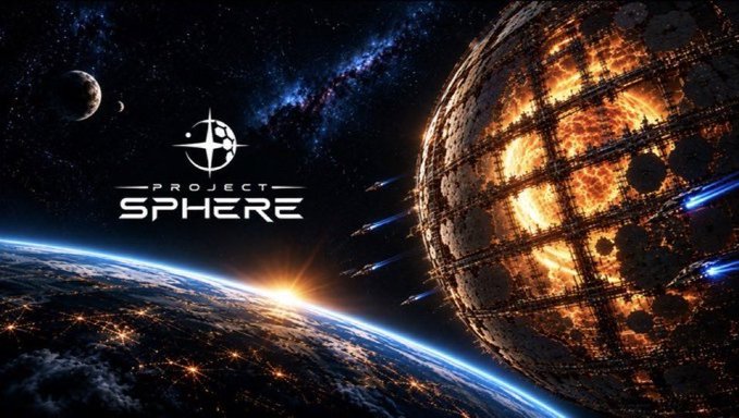 A science fiction image shows a massive, damaged metallic sphere in space with the text "PROJECT SPHERE" in the foreground, set against a view of Earth and stars.