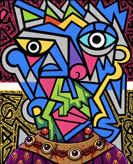 A vibrant, cubist-style portrait of a Bored Ape Yacht Club NFT with mismatched eyes, a crown adorned with red orbs, and a purple robe featuring skull motifs, rendered in bold geometric shapes and neon colors. The post's caption "How you like me now?" aligns with the ape's confrontational, sideways glance and bold, eccentric design.