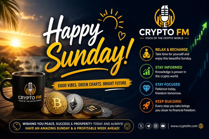 A 'Happy Sunday!' Crypto FM promotional graphic with text 'GOOD VIBES. GREEN CHARTS. BRIGHT FUTURE,' featuring a coffee mug, Bitcoin and Ethereum coins, and sections labeled 'RELAX & RECHARGE,' 'STAY INFORMED,' 'STAY FOCUSED,' and 'KEEP BUILDING.'