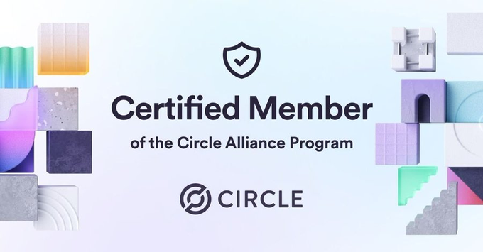 Digital graphic displaying a 'Certified Member of the Circle Alliance Program' badge with the Circle logo, surrounded by 3D-rendered colorful geometric blocks and shapes.