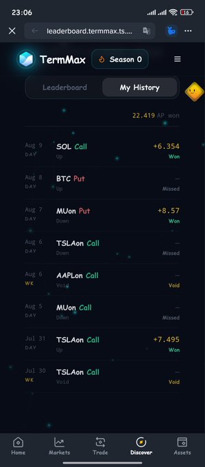 The image shows a TermMax leaderboard under the "My History" tab, Season 0, displaying a total of 22,419 AP won across multiple trades including SOL Call (+6.354 AP won), BTC Put (Missed), MUon Put (+8.57 AP won), TSLAon Call (Missed), AAPLon Call (Void), MUon Call (Missed), TSLAon Call (+7.495 AP won), and TSLAon Call (Void). This supports the post's claim about earning AP through TermMax by showcasing concrete winnings like the SOL, MUon Put, and TSLAon calls, while also honestly reflecting the missed and void trades due to exam-related absence.