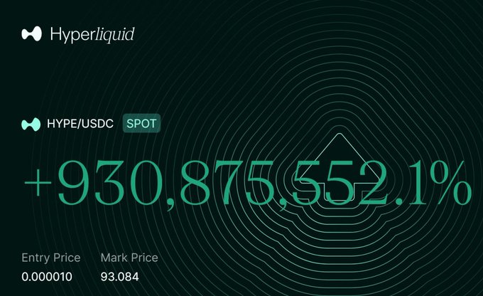 A cryptocurrency trading interface from Hyperliquid shows the HYPE/USDC spot trading pair with a massive gain of +930,875,552.1%, an entry price of 0.000010, and a mark price of 93.084.