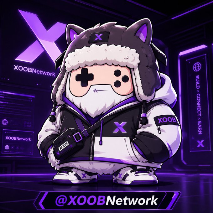 The image features a cartoon character dressed in a black and white jacket with purple accents, standing against a dark background. The character has a large white beard and is wearing a hat that resembles a dog's head. In front of the character, there are two text boxes containing information about the XOOB Network and other platforms related to cryptocurrency.