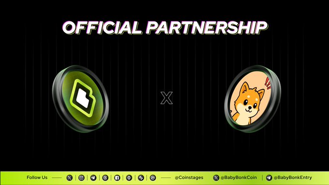 An announcement graphic titled 'OFFICIAL PARTNERSHIP' featuring two coin logos, with social media handles @Coinstages, @BabyBonkCoin, and @BabyBonkEntry displayed at the bottom.