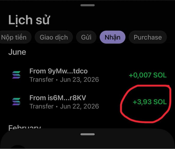 A Vietnamese cryptocurrency wallet transaction history screen showing 'Lịch sử' (History) with received SOL transfers, highlighting a +3.93 SOL transfer from 'is6M...r8KV' on Jun 22, 2026, circled in red.