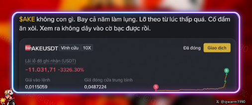 A screenshot in Vietnamese discusses the SAKE token, showing a -3326.30% decline in 24 hours and a market cap of 11,031 USDT, with a 'Giao dịch' button visible.