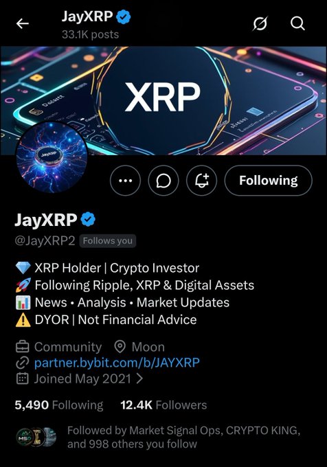 The image shows the Twitter/X profile of **JayXRP (@JayXRP2)**, an XRP-focused crypto account with **12.4K followers** and **33.1K posts**, featuring the tagline "XRP Holder | Crypto Investor" and "Following Ripple, XRP & Digital Assets." It visually supports the post's shoutout by displaying the JayXRP profile page being promoted to fellow XRP community members.
