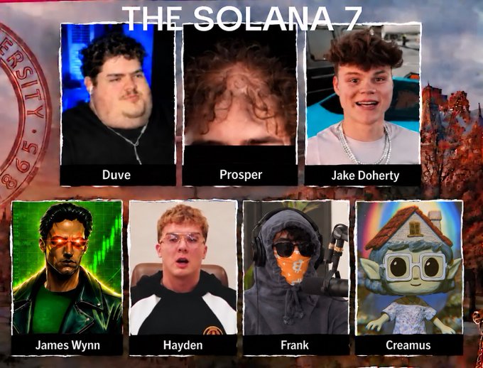 A promotional graphic titled "THE SOLANA 7" featuring seven portraits with names including Duve, Prosper, Jake Doherty, James Wynn, Hayden, Frank, and Creamus.