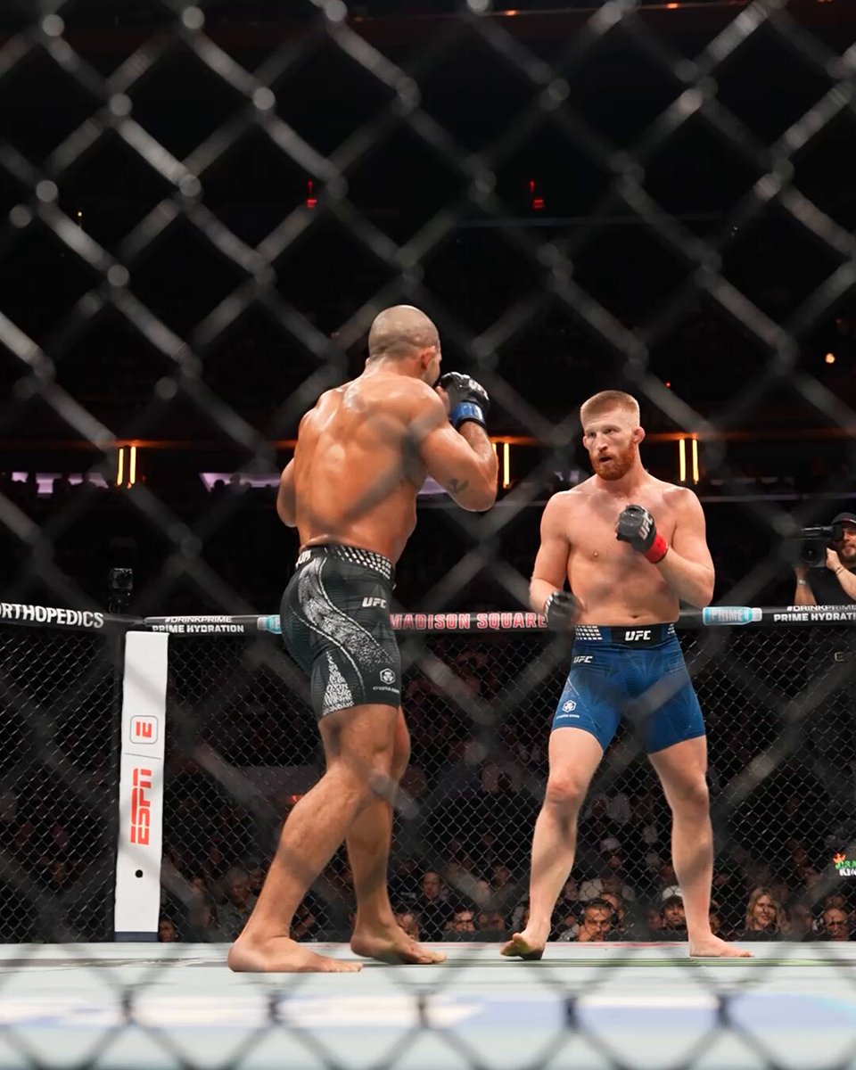 The image shows two boxers standing inside a cage, preparing for their bout. One of them has his mouth open, ready to make a punch. The other boxer is also wearing shorts but without a mouthguard. Both boxers are focused on each other as they prepare for the fight.
