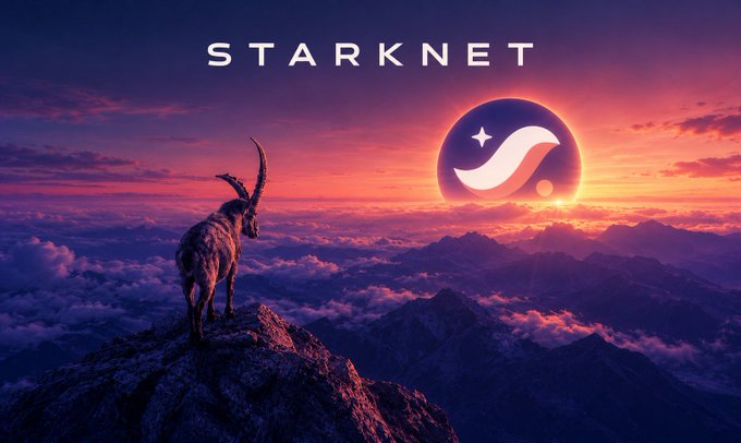 A promotional banner for "STARKNET" featuring an ibex standing on a rocky peak above the clouds at sunset, with the Starknet logo glowing in the sky.