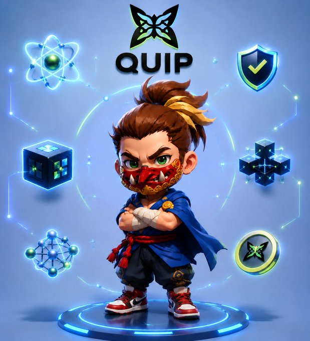 A digital illustration of a stylized ninja-like character with a mask and brown hair, surrounded by tech-themed icons and labeled 'QUIP' at the top.