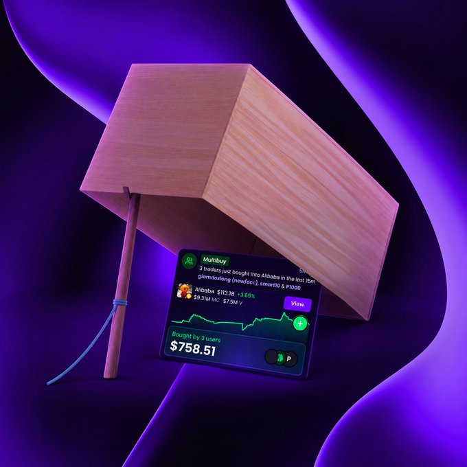 A 3D-rendered wooden house is tipped over on its side against a glowing purple background, with a floating social trading card showing "Alibabuy" at $13.38 (+3.68%), $7.5M volume, and "$758.51 Bought by 3 users" on a Velvet trading feed widget.