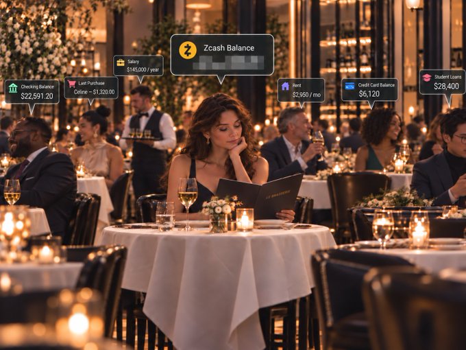 A woman sits alone at a candlelit restaurant table, seemingly lost in thought, while floating digital bubbles display her financial details—including "$22,591.20 Checking Balance," "$145,000/year Salary," "$2,950/mo Rent," "$6,120 Credit Card Balance," and "$28,400 Student Loans"—visually illustrating how public blockchain transactions can expose a person's complete financial life to onlookers, just as if their bank statement were displayed in plain view.