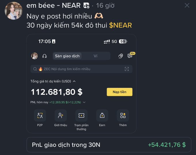 A Telegram post from 'em béeee' showing a screenshot of a trading portfolio valued at $112,681.80, claiming a 30-day profit of $54k from $NEAR.