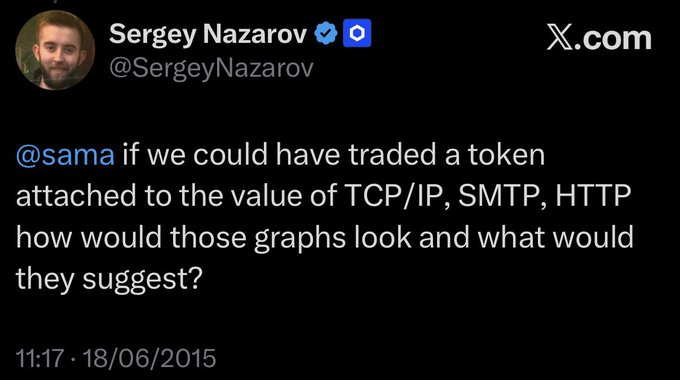 A June 2015 tweet from Sergey Nazarov (@SergeyNazarov) directed at Sam Altman (@sama), asking how trading graphs would look if tokens were attached to the foundational internet protocols TCP/IP, SMTP, and HTTP—an early visionary prediction of $LINK's value, shared long before Ethereum's launch and crypto's rise.