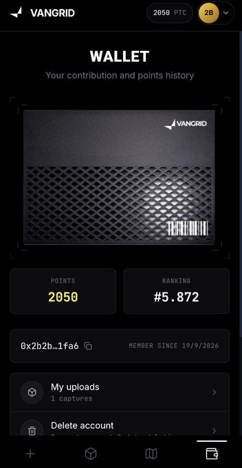 A mobile app screenshot showing a user's Vangrid Wallet with a balance of 2050 points, a ranking of #5.872, a wallet address beginning with '0x2b2b', and options for 'My uploads' and 'Delete account'.