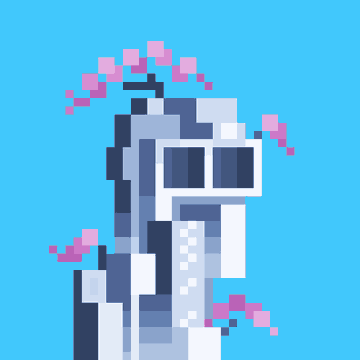 A pixel art animation shows a gray spaceship floating against a bright blue background with pink pixelated debris.