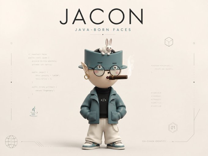 The image showcases a stylized 3D character named "JACON," featuring an elf-like figure with glasses, a teal hat topped with a small white rabbit, a cigar, a teal jacket, and a black shirt displaying "</>." The bold header reads "JACON — JAVA-BORN FACES," accompanied by code snippets and technical labels referencing "Rebuild Java Jacon," rarity (Legendary), and "On-Chain Identity," visually reinforcing the concept of AI-generated, code-crafted digital characters stored on the blockchain.