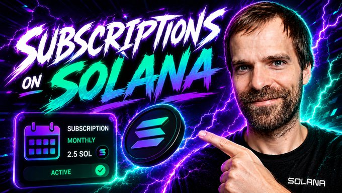 A man wearing a black "SOLANA" t-shirt points toward a graphic displaying the headline "SUBSCRIPTIONS ON SOLANA" alongside an interface mockup showing a monthly subscription priced at 2.5 SOL marked as active, visually promoting Solana's new subscription payment feature.