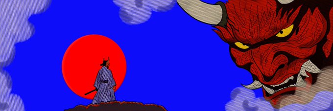 A lone samurai stands before a massive blood moon as a menacing red demon with glowing yellow eyes looms through stylized clouds, evoking the hand-drawn artwork of the Kredoos on-chain fighting game where samurai NFTs battle as playable heroes.