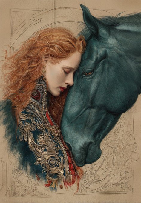A detailed portrait illustration shows a red-haired woman with closed eyes resting her head against a dark horse, rendered in a classical Renaissance-inspired style on parchment.