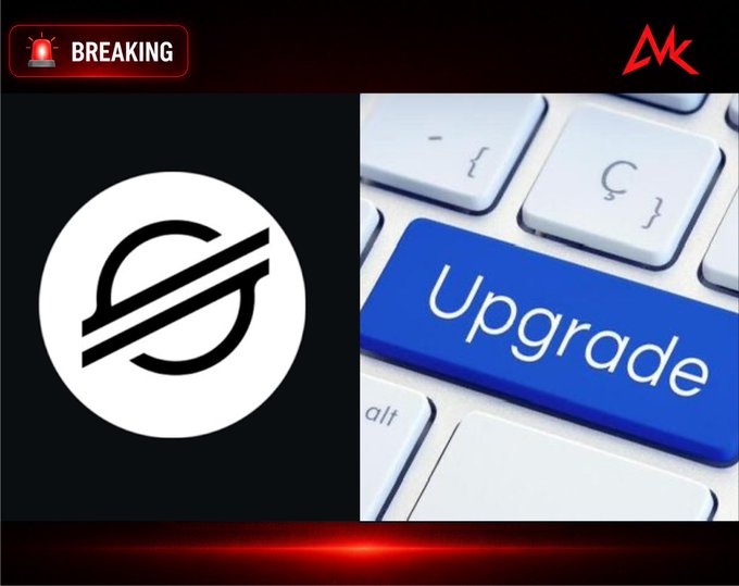 A breaking news graphic features a stylized Stellar (XLM) cryptocurrency logo next to a blue keyboard key displaying the word "Upgrade".