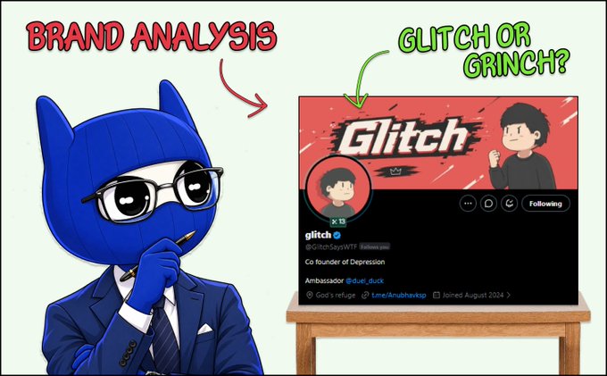A cartoon illustration titled "BRAND ANALYSIS" with a blue cat in a suit analyzing a Twitter/X profile called "Glitch" (@GlitchSaysWP), questioning "GLITCH OR GRINCH?"