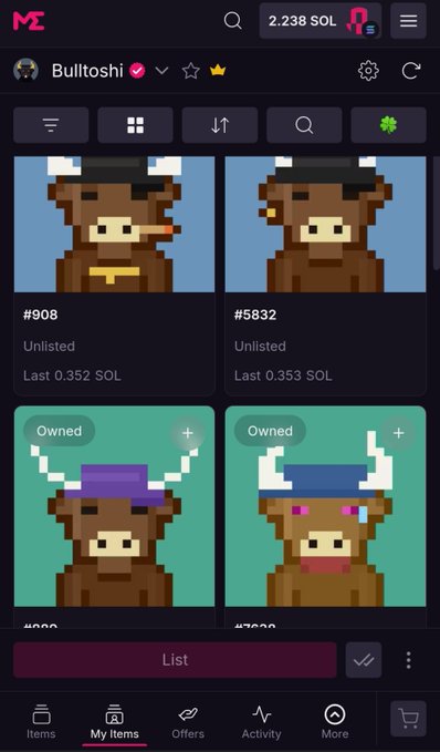 A Magic Eden mobile app showing the 'Bulltoshi' collection, displaying pixelated bull NFT characters with various listings, including #908 and #5832 unlisted, and two owned items.