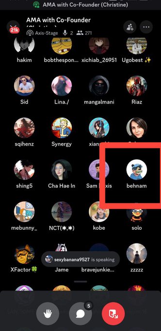 A screenshot of a Discord voice channel titled 'AMA with Co-Founder (Christine)' shows a grid of user avatars, with the user 'behnam' highlighted in a red box.