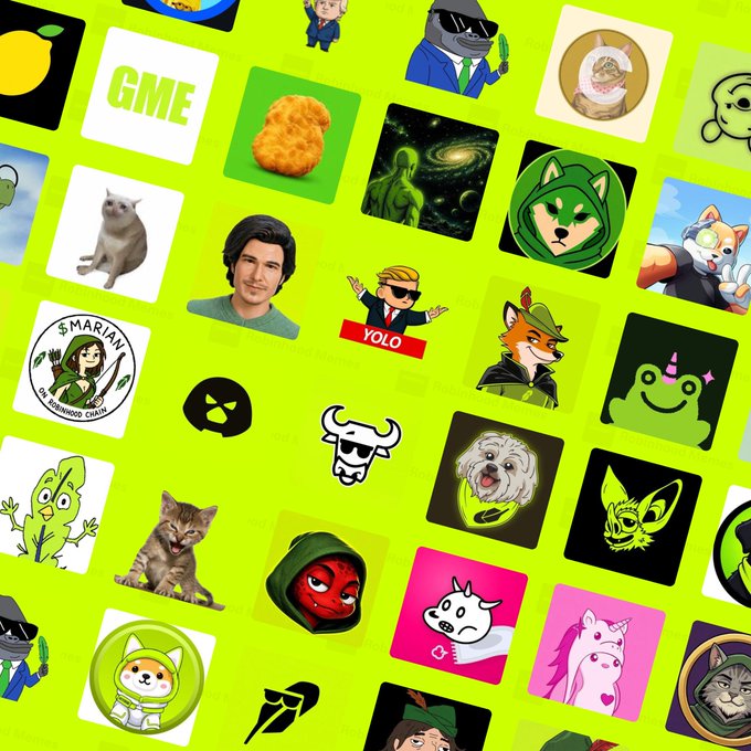 A bright green background showcases a grid of various NFT-style icons including memes, animals (cats, dogs, birds), characters like Shiba Inu, and logos including "GME" and "YOLO".