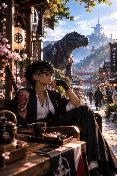 An anime-style illustration features a young man with tattoos sitting at a tea table in a Japanese-inspired setting, with a massive dinosaur and a towering castle visible in the background.