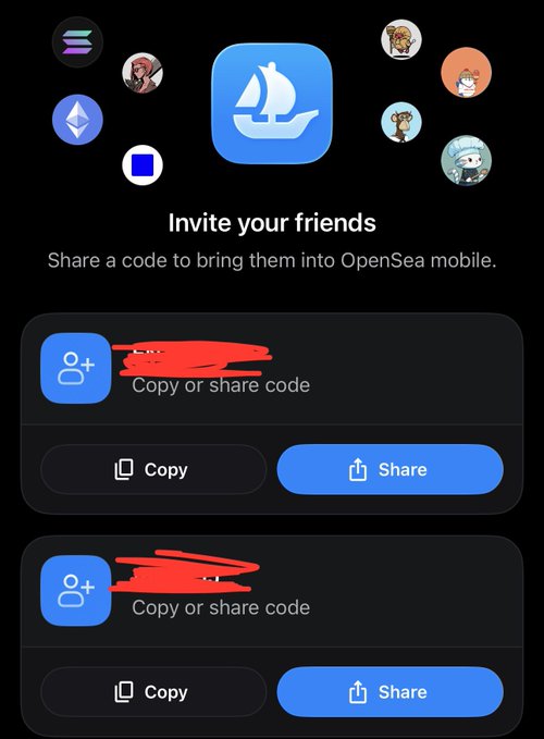 An OpenSea mobile app screen shows an 'Invite your friends' prompt with options to copy or share referral codes, featuring the OpenSea sailboat logo surrounded by various NFT profile pictures.